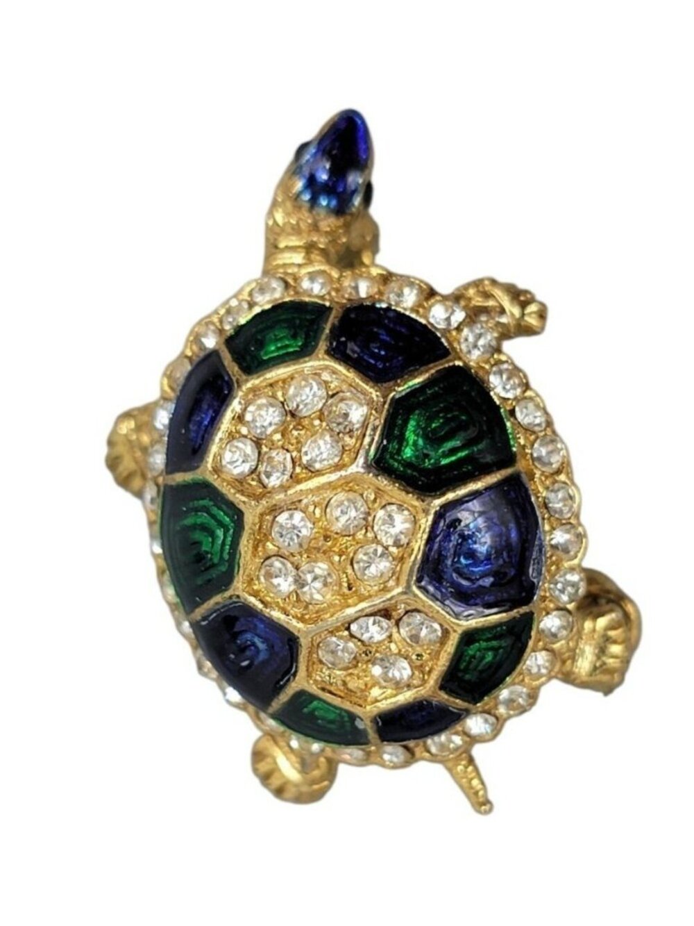 Sphinx Crystal Enamel Turtle Brooch Green Blue on Gold Tone Vintage Number 20232